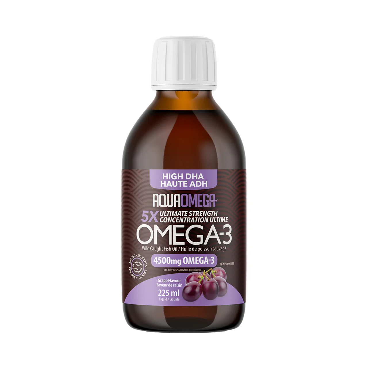AquaOmega - Omega 3 High DHA Wild Caught Fish Oil, Grape Flavour | 225 mL