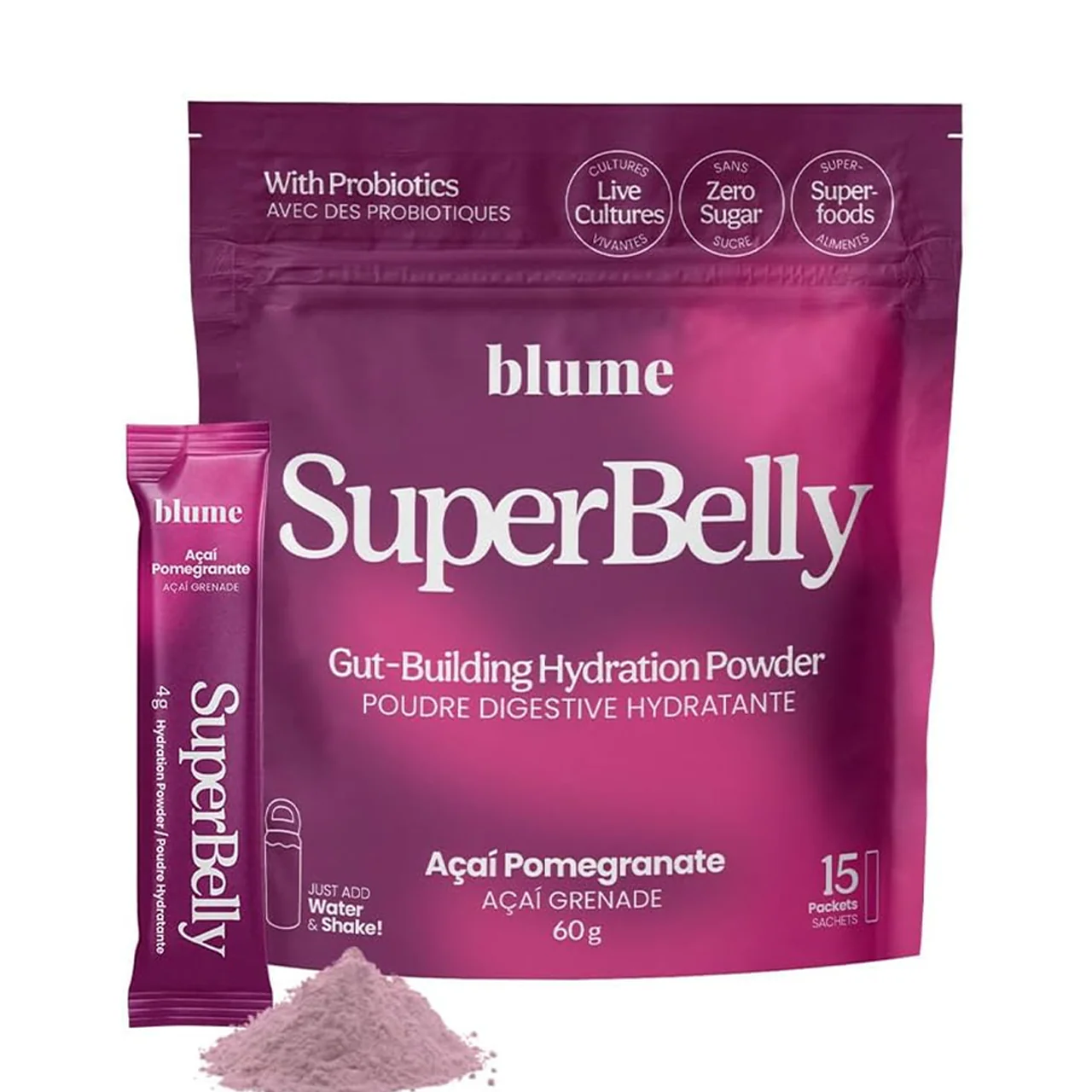 Blume - SuperBelly Gut-Building Hydration Powder, Açai Pomegranate | 15 Sachets