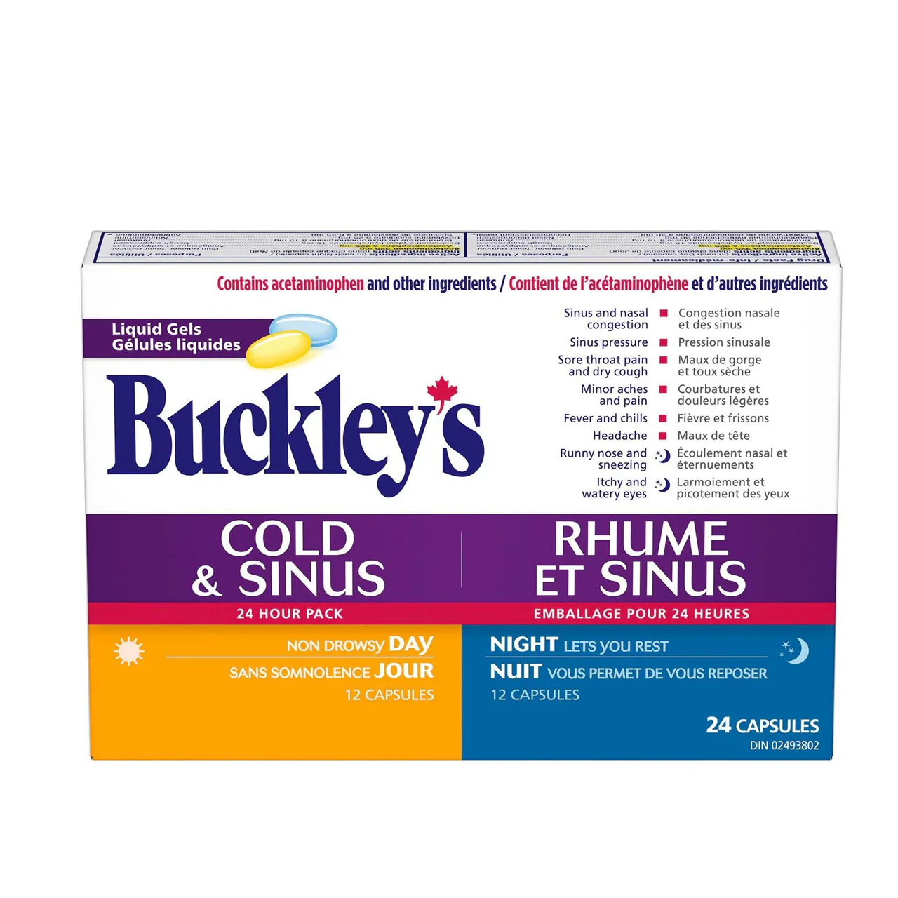 Buckley's - Cold & Sinus 24H Liquid Gels Convenience Pack | 12 Daytime + 12 Nighttime Liquid Gels