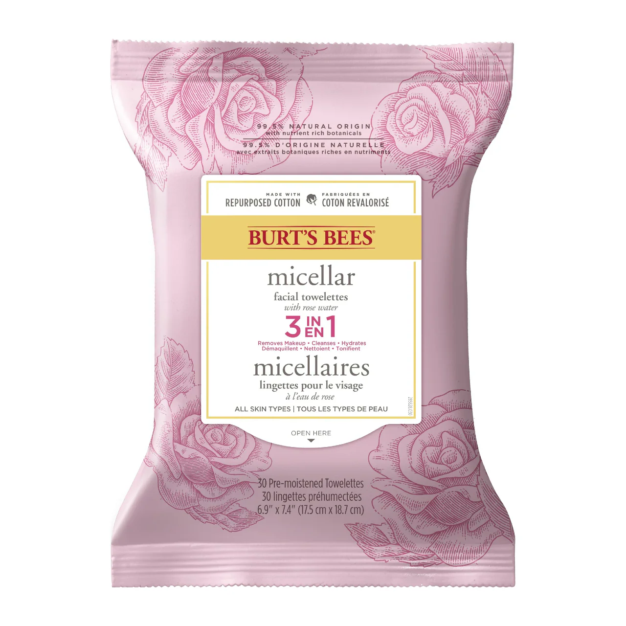Burt's Bees - Micellar Facial Towelettes 3-in-1 With Rose Water | 30 Pre-Moistened Towelettes