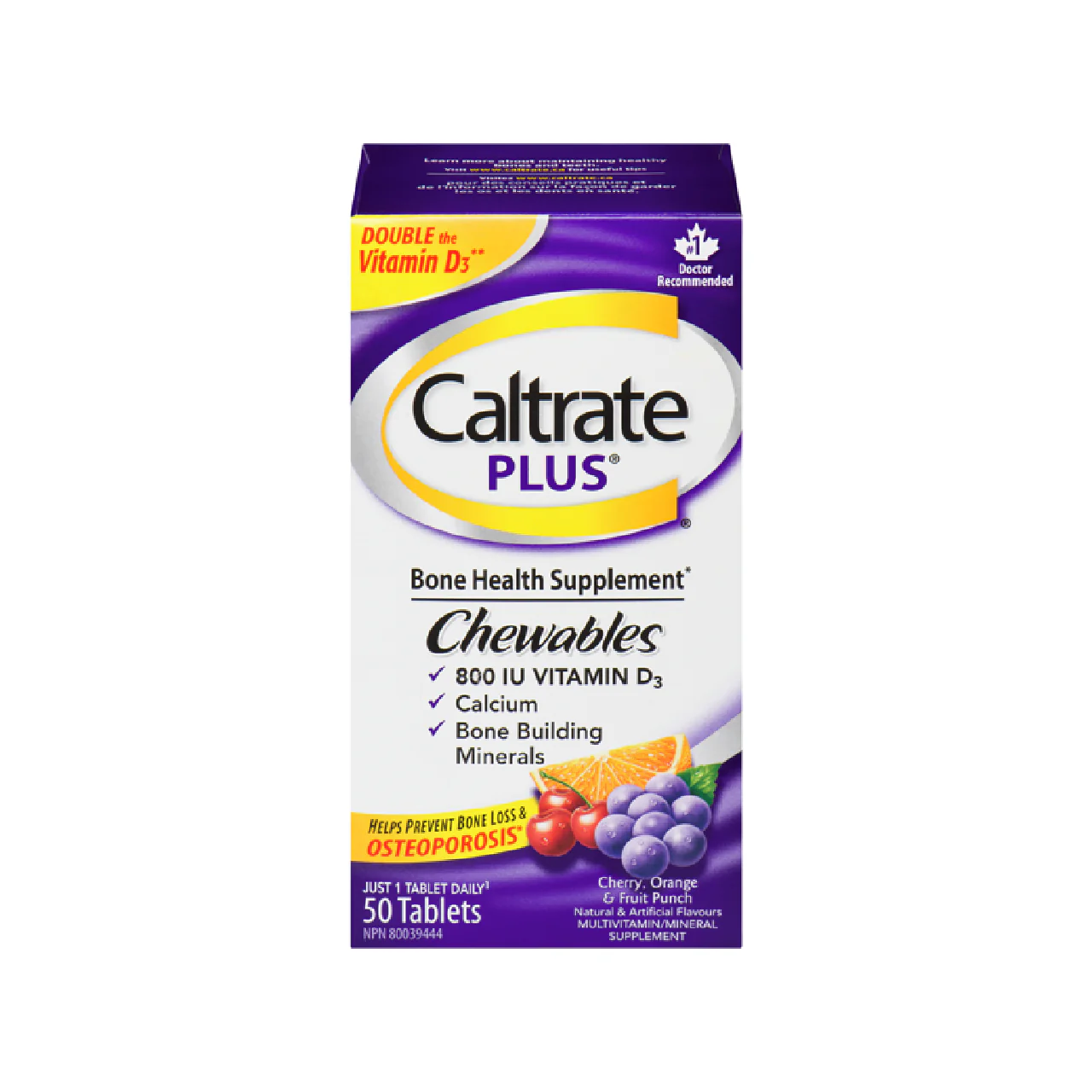 Caltrate Plus - Bone Health Supplement Cherry, Orange, Fruit Punch Flavour | 50 Tablets