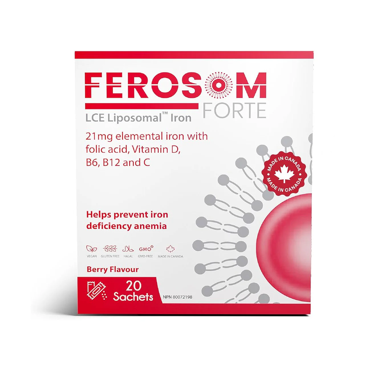Ferosom Forte – Iron Supplement Powder Elemental Iron, Berry Flavor | 20 Sachets