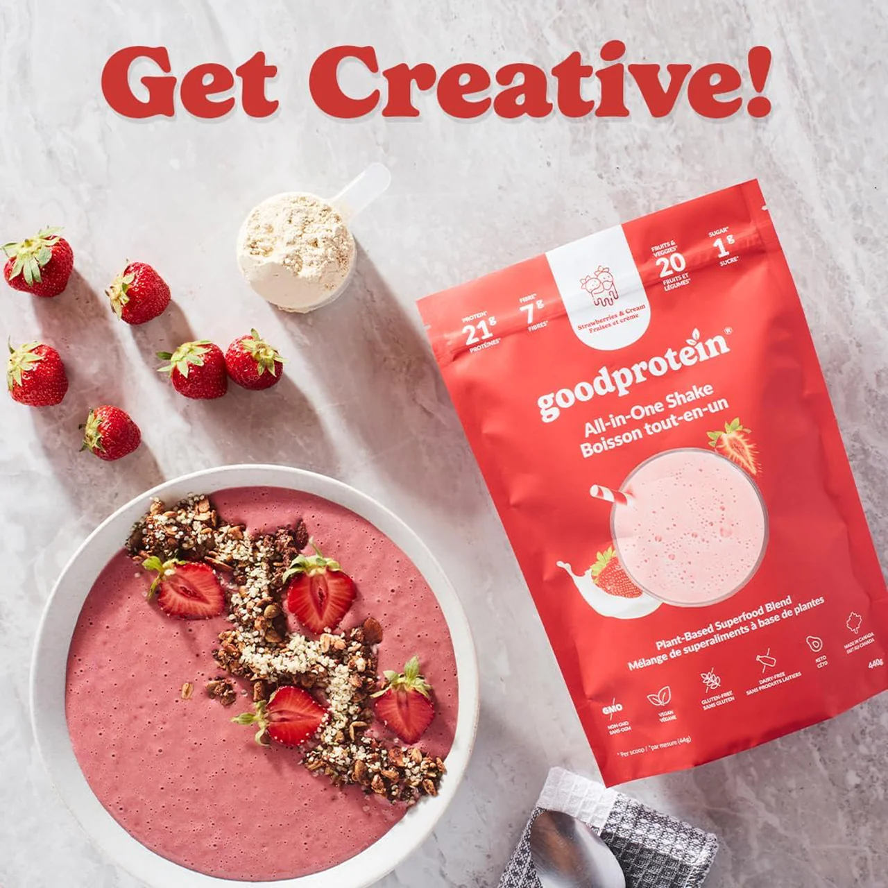 goodprotein All-In-One Shake Plant-Based Superfood Blend, Strawberries & Cream | 880 g - Image 3