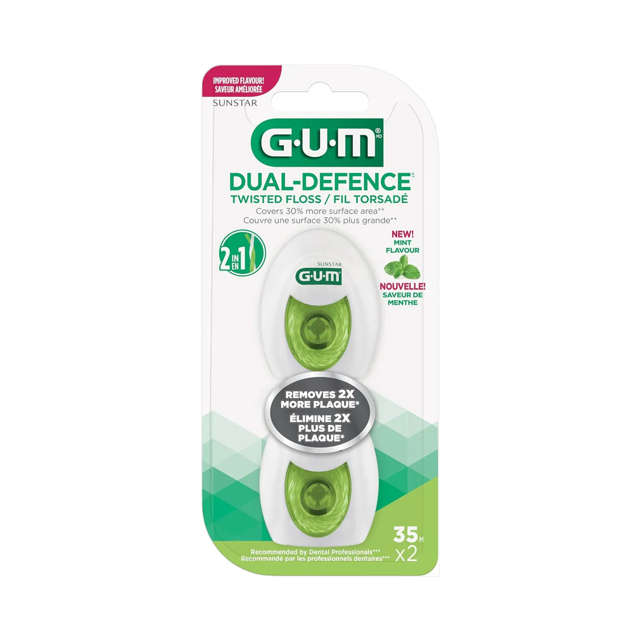 GUM - Dual-Defence Twisted Dental String Floss, Minty Green Tea  | 2 x 35 m