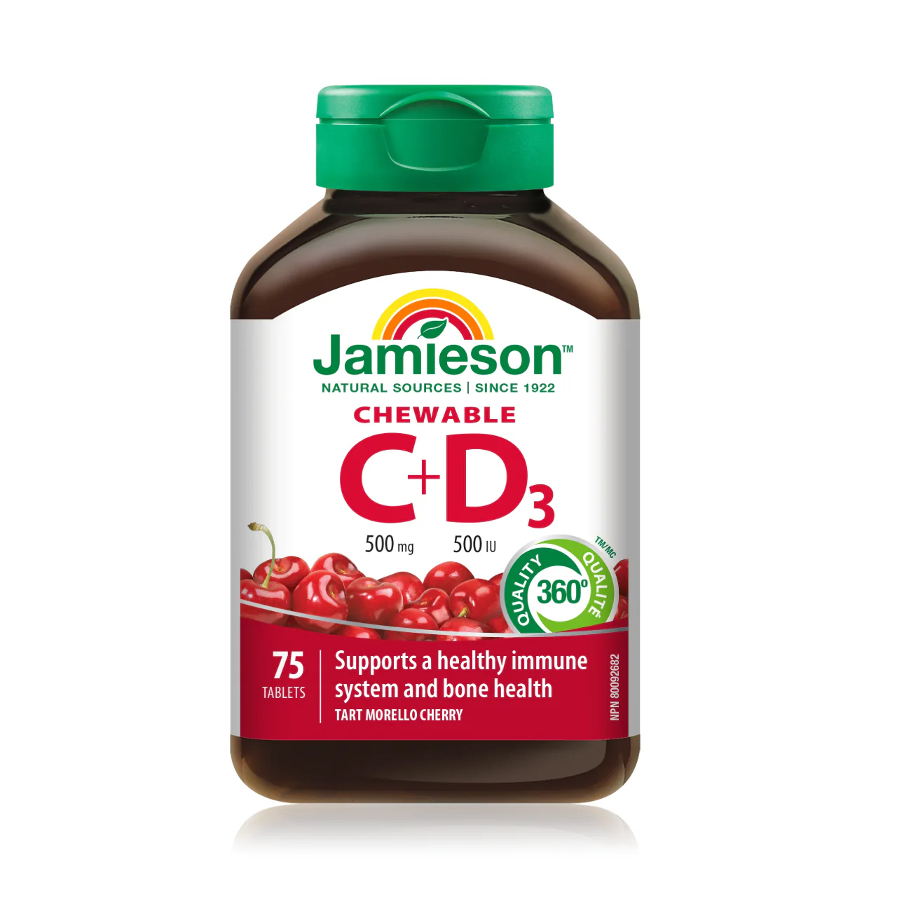 Jamieson - Chewable Vitamin C 500 mg + Vitamin D3 500 IU - Tart Morello Cherry | 75 Tablets