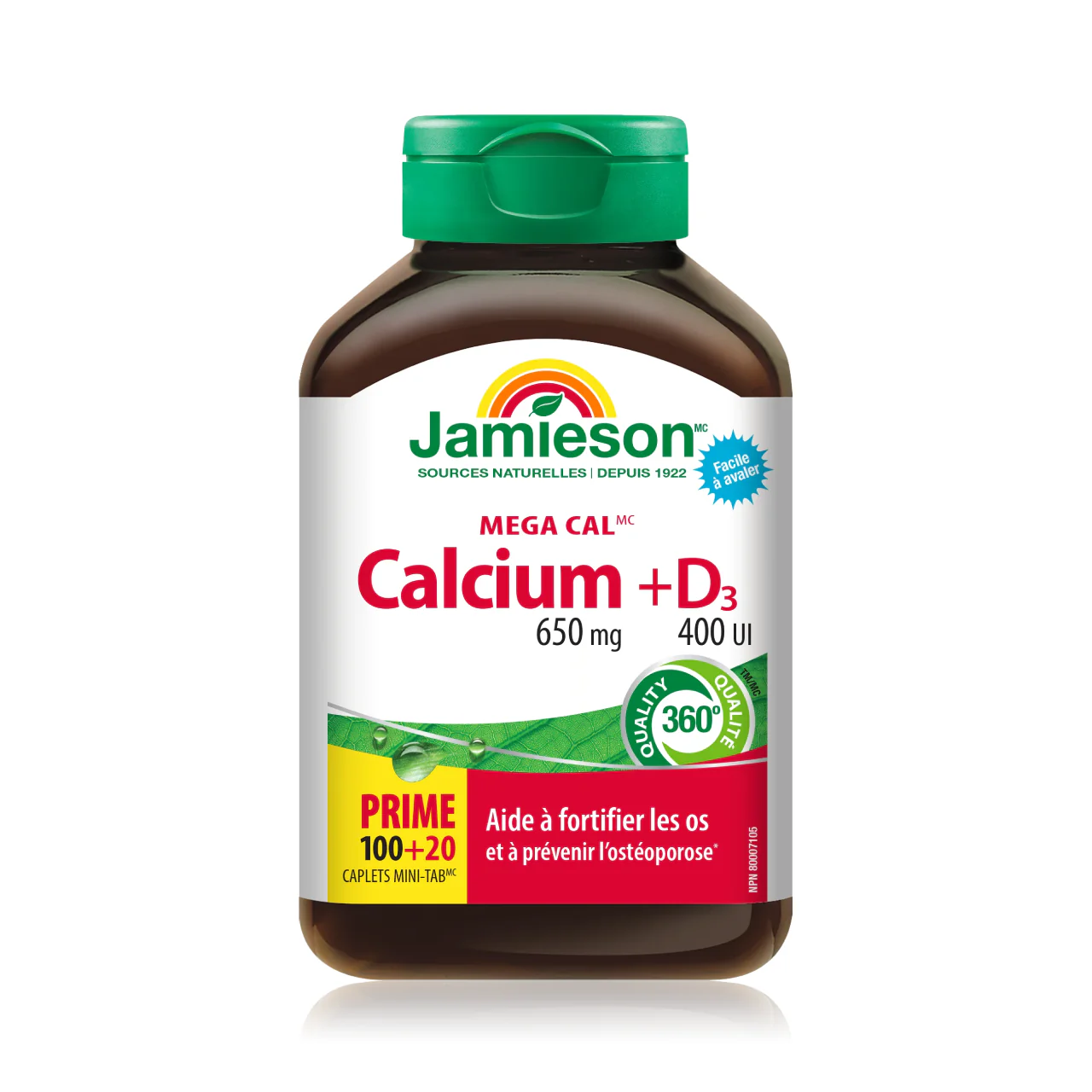 Jamieson - Mega Cal Calcium + D3 650 mg & 400 IU | 100 + 20 Mini-Tab Caplets - Image 2