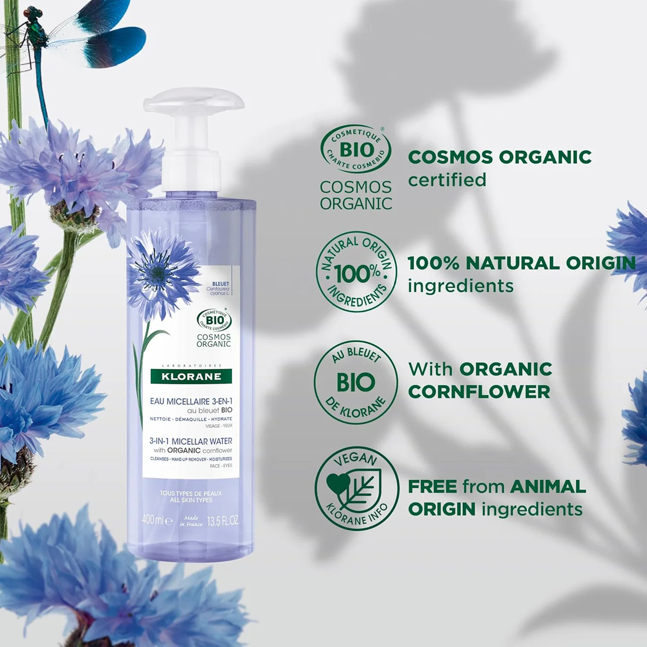 Klorane - Micellar Water - 3 in 1 Make-up Remover with Organic Cornflower  | 400 ml - Image 3
