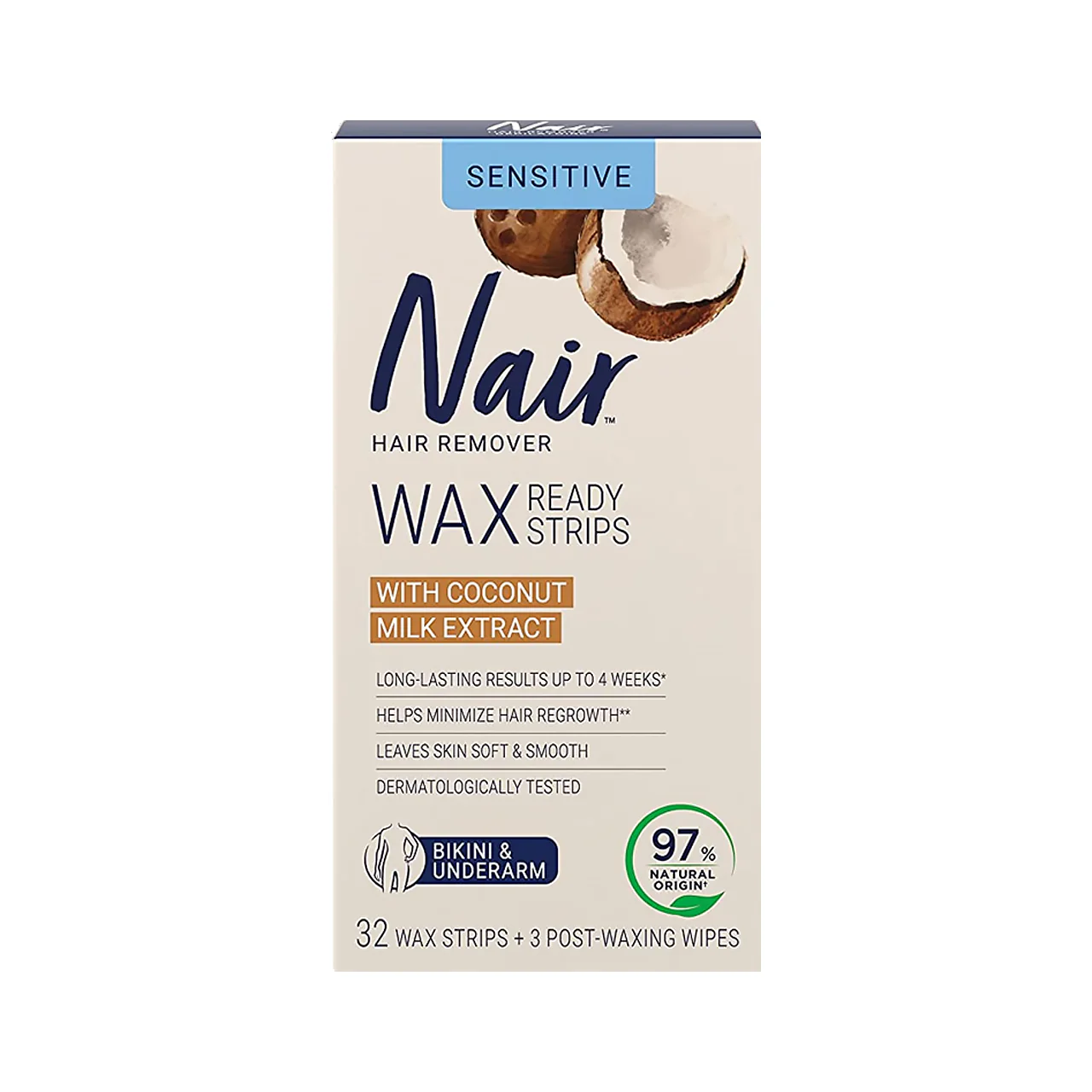 Nair - Wax Ready-Strips with Coconut Milk Extract- Bikini & Underarm | 32 Wax Strips + 3 Wipes