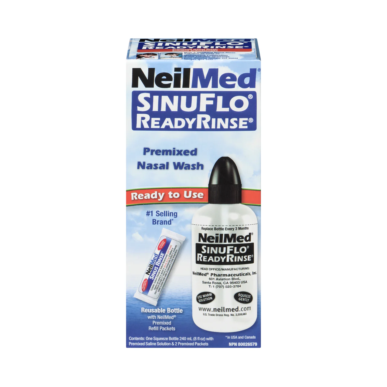 NeilMed - SinuFlo ReadyRinse Premixed Nasal Wash Kit | 1 Bottle + 2 Packets