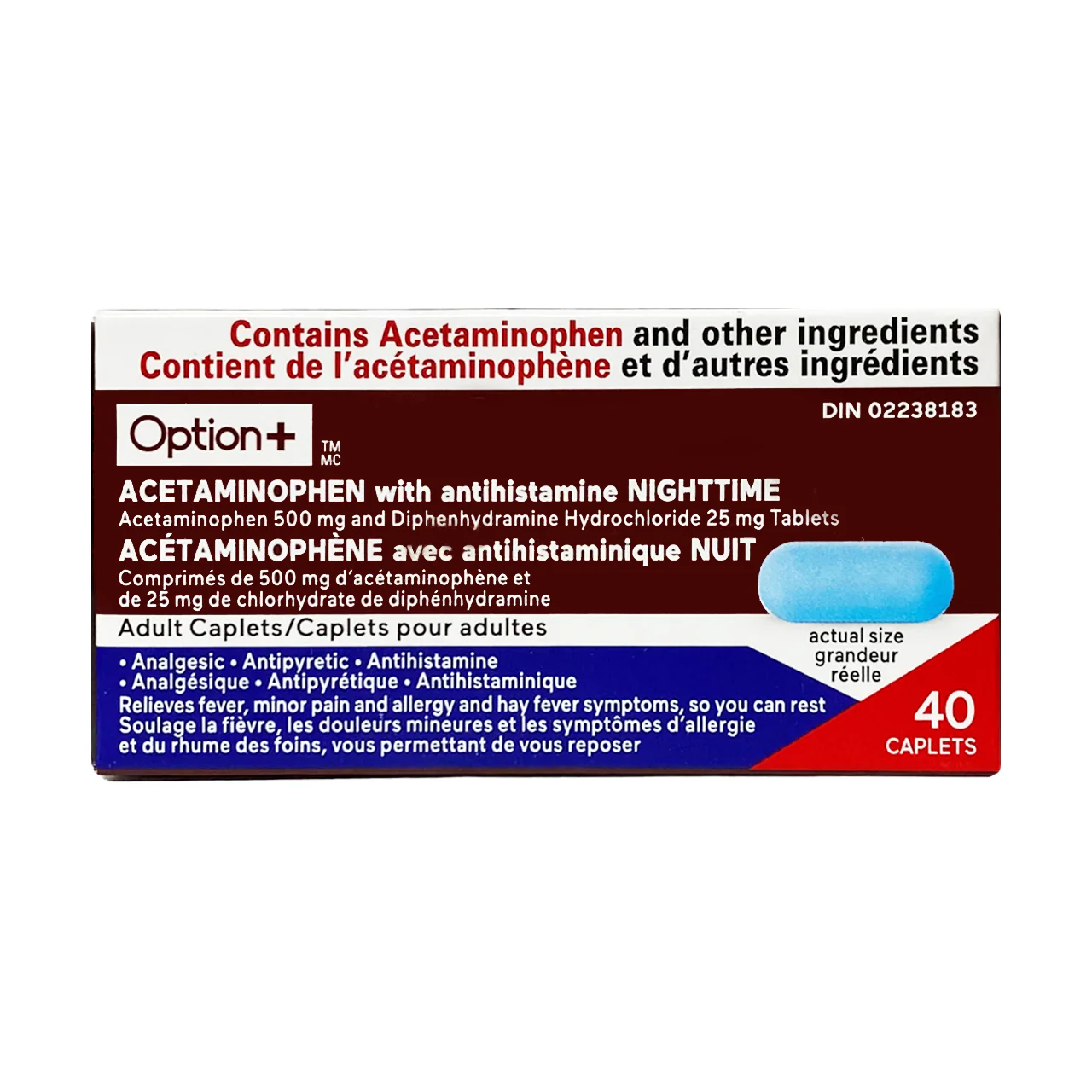 Option+ Acetaminophen With Antihistamine Nighttime | 40 Caplets