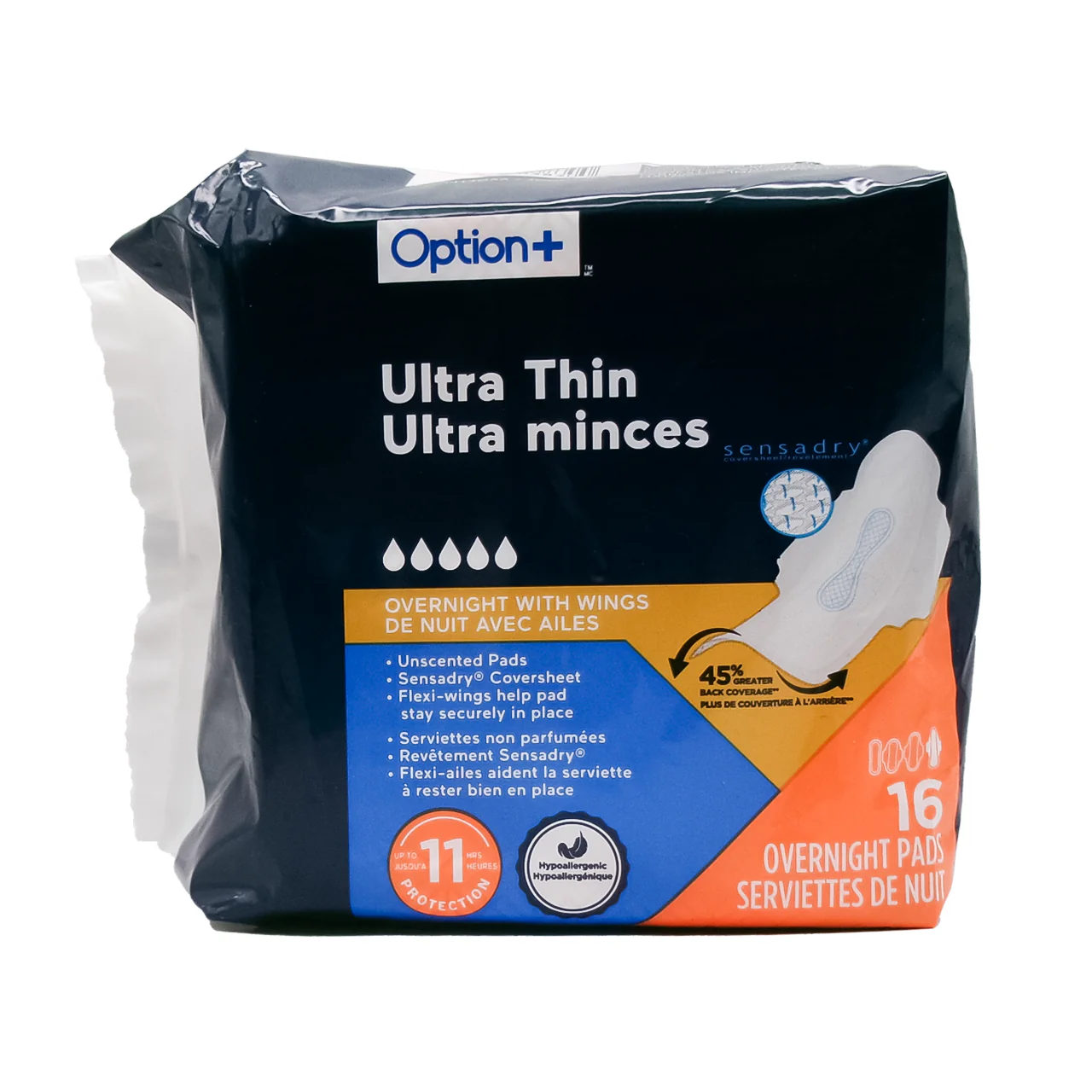 Option+ Ultra Thin Overnight Pads with Wings | 16 Pads