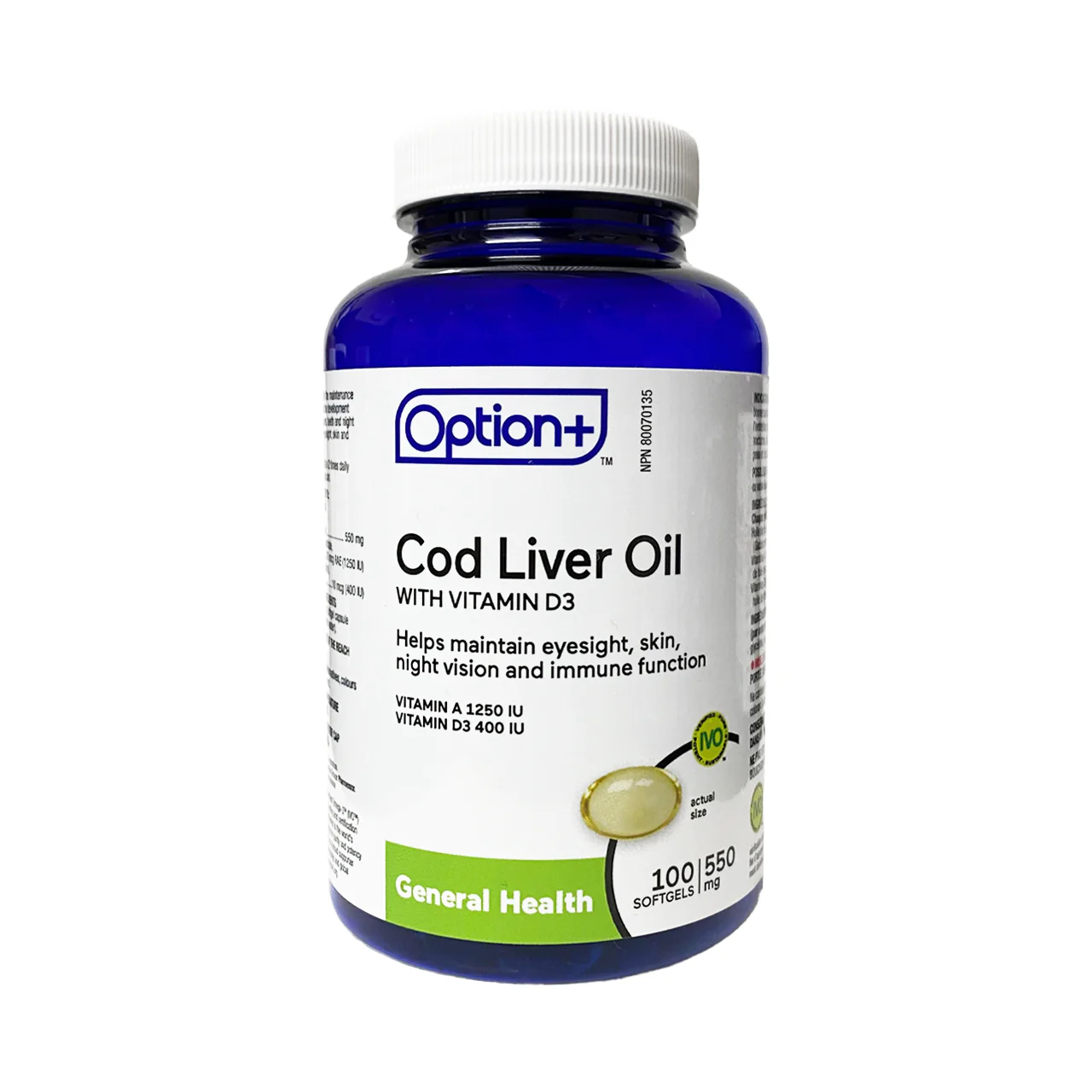 Option+ Cod Liver Oil With Vitamin D3 550mg | 100 Softgels