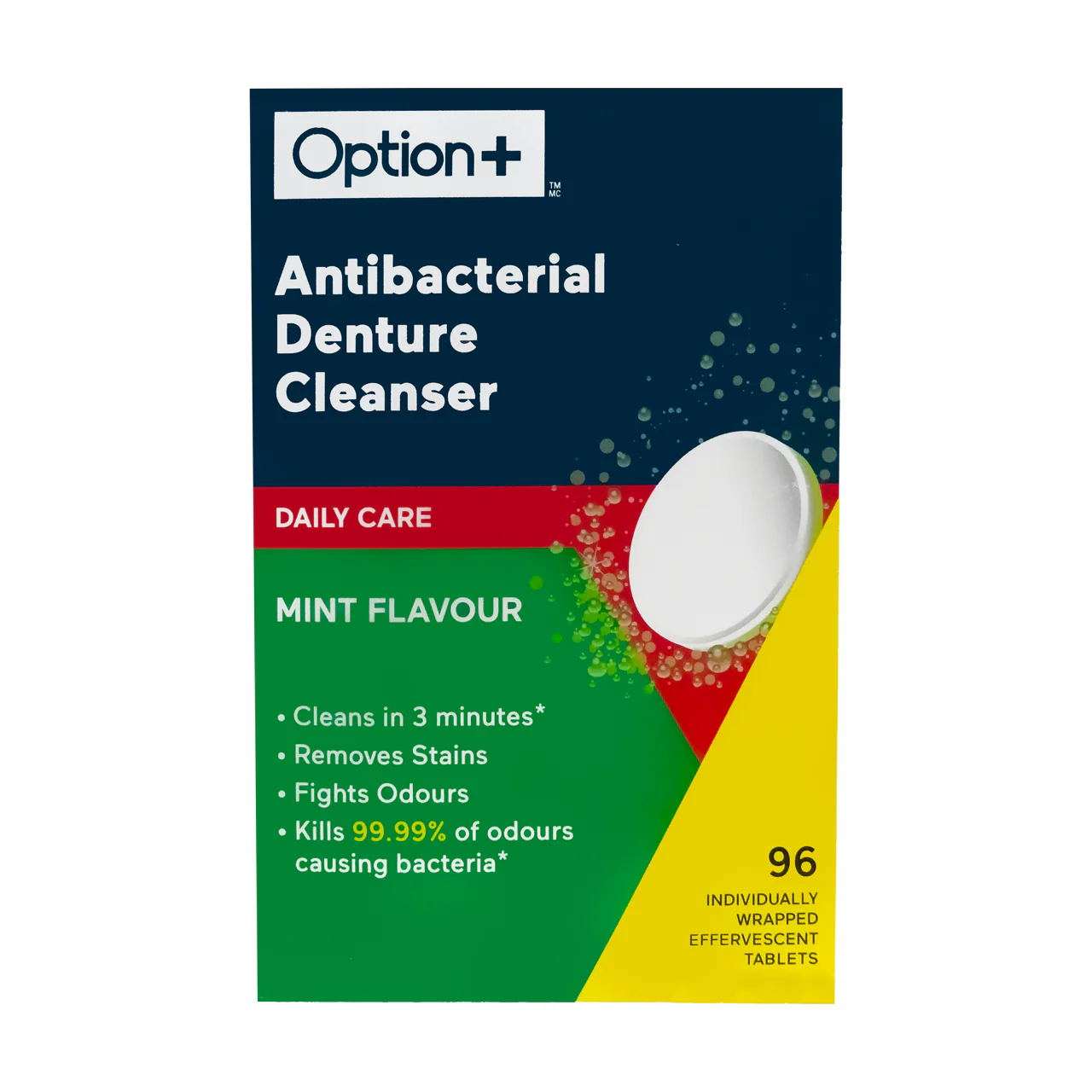 Option+ - Antibacterial Denture Cleanser Daily Care - Mint Flavour | 96 Tablets