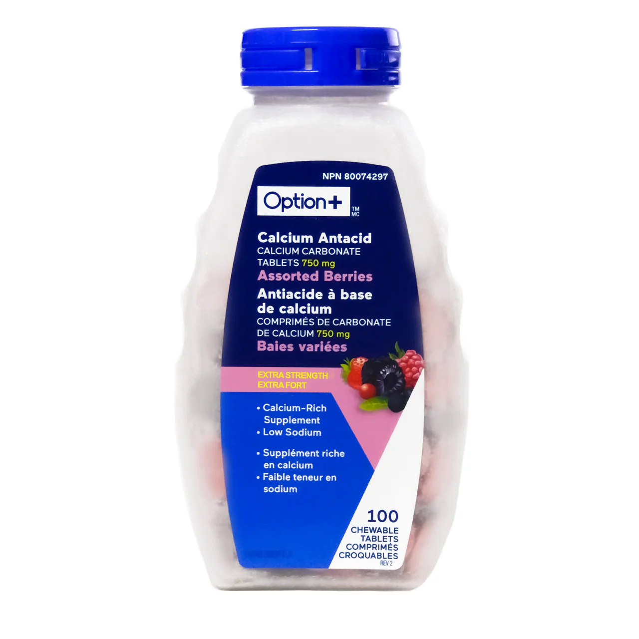 Option+ Calcium Antacid Extra Strength, Assorted Berries | 100 Chewable Tablets