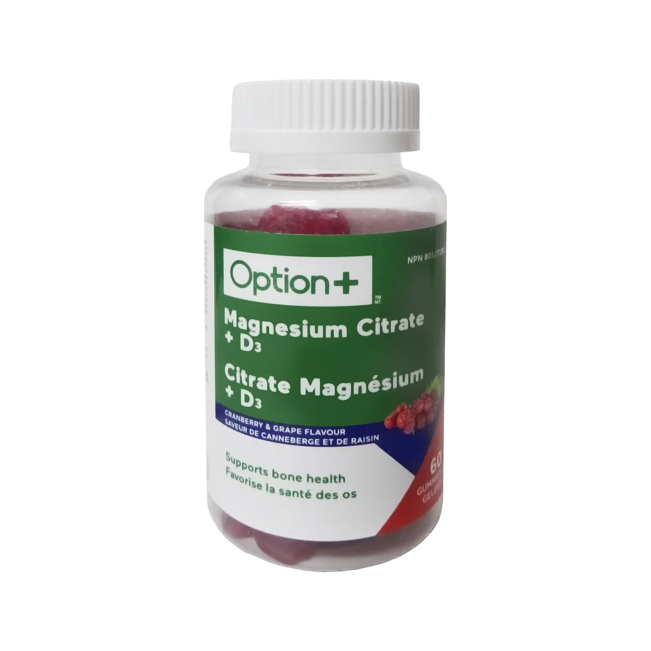 Option+ Magnesium Citrate + D3, Cranberry & Grape Flavour | 60 Gummies
