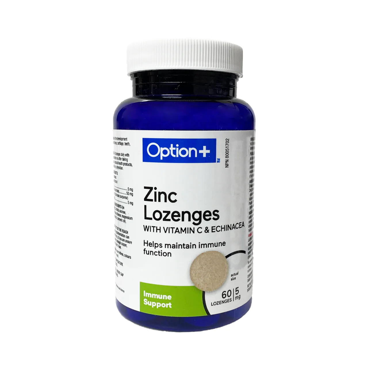 Option+ Zinc Lozenges With 5 mg Vitamin C & Echinacea | 60 Lozenges