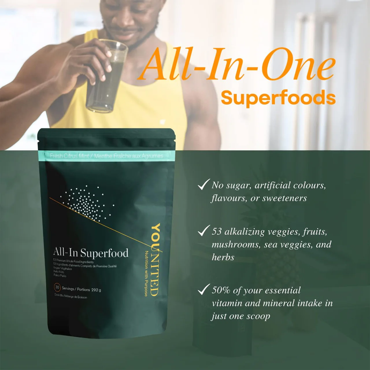 Younited - Organic All-In Superfood - Fresh Citrus Mint | 30 Servings 292 g - Image 2