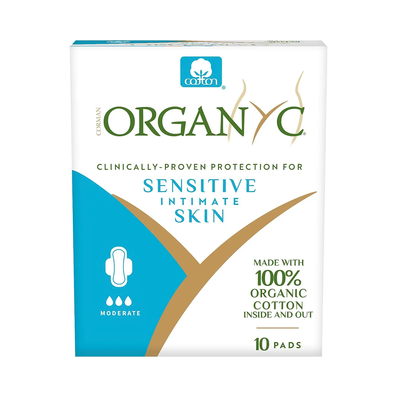Organyc - 100% Organic Cotton Sensitive Intimate Skin Pads for Moderate Flow | 10 Pads