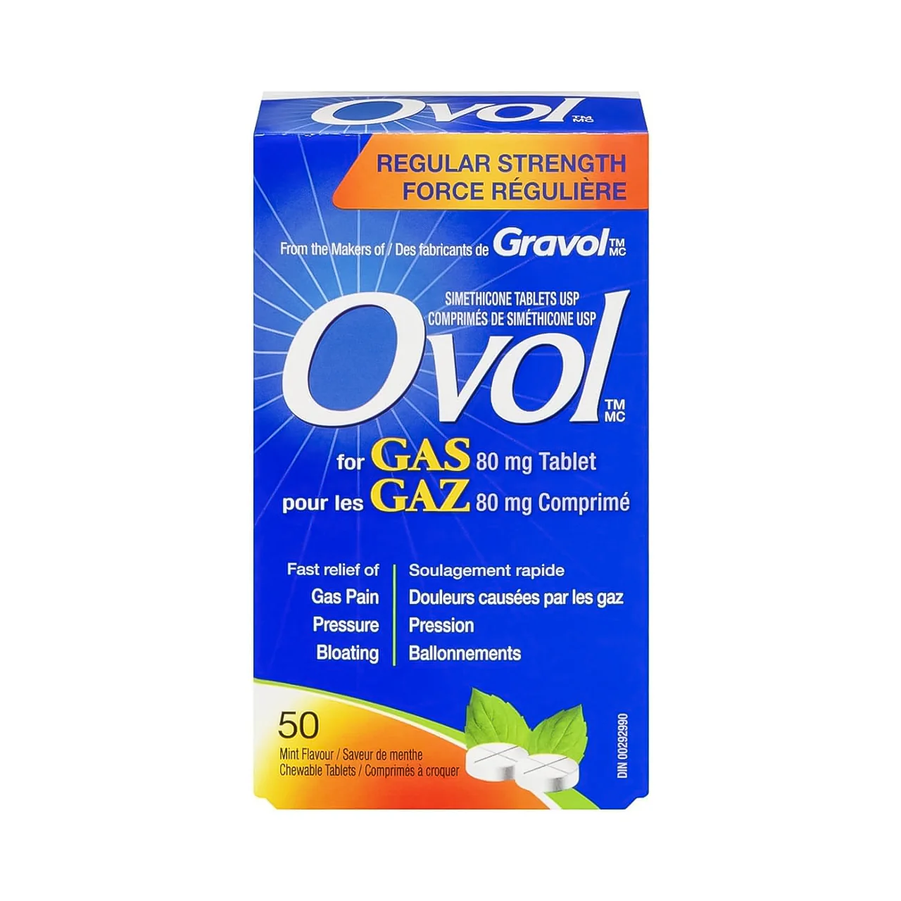Ovol - Mint Flavour Chewable Tablets For Gas, Regular Strength | 50 Tablets