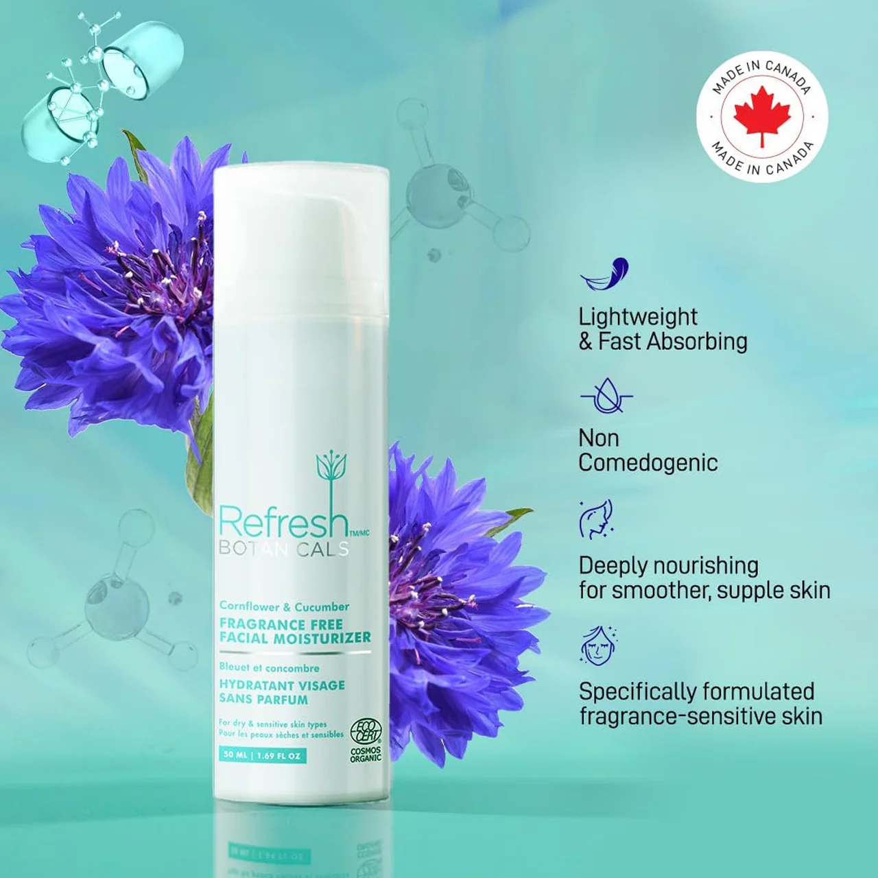 Refresh Botanicals - Fragrance Free Facial Moisturizer - Cornflower & Cucumber | 50 mL - Image 3