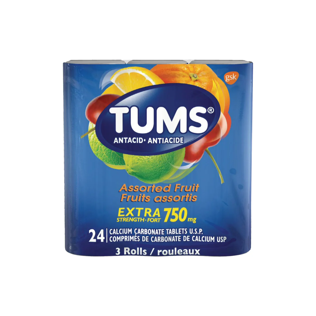 Tums - Antacid 750 mg Extra Strength, Assorted Fruit | 3 Rolls