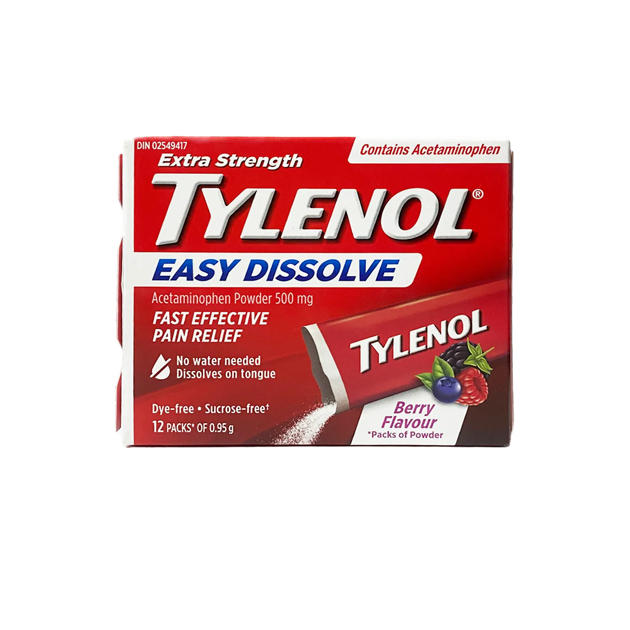 Tylenol - Acetaminophen Powder 500mg Pain Relief Easy Dissolve, Berry Flavour | 12 Packs