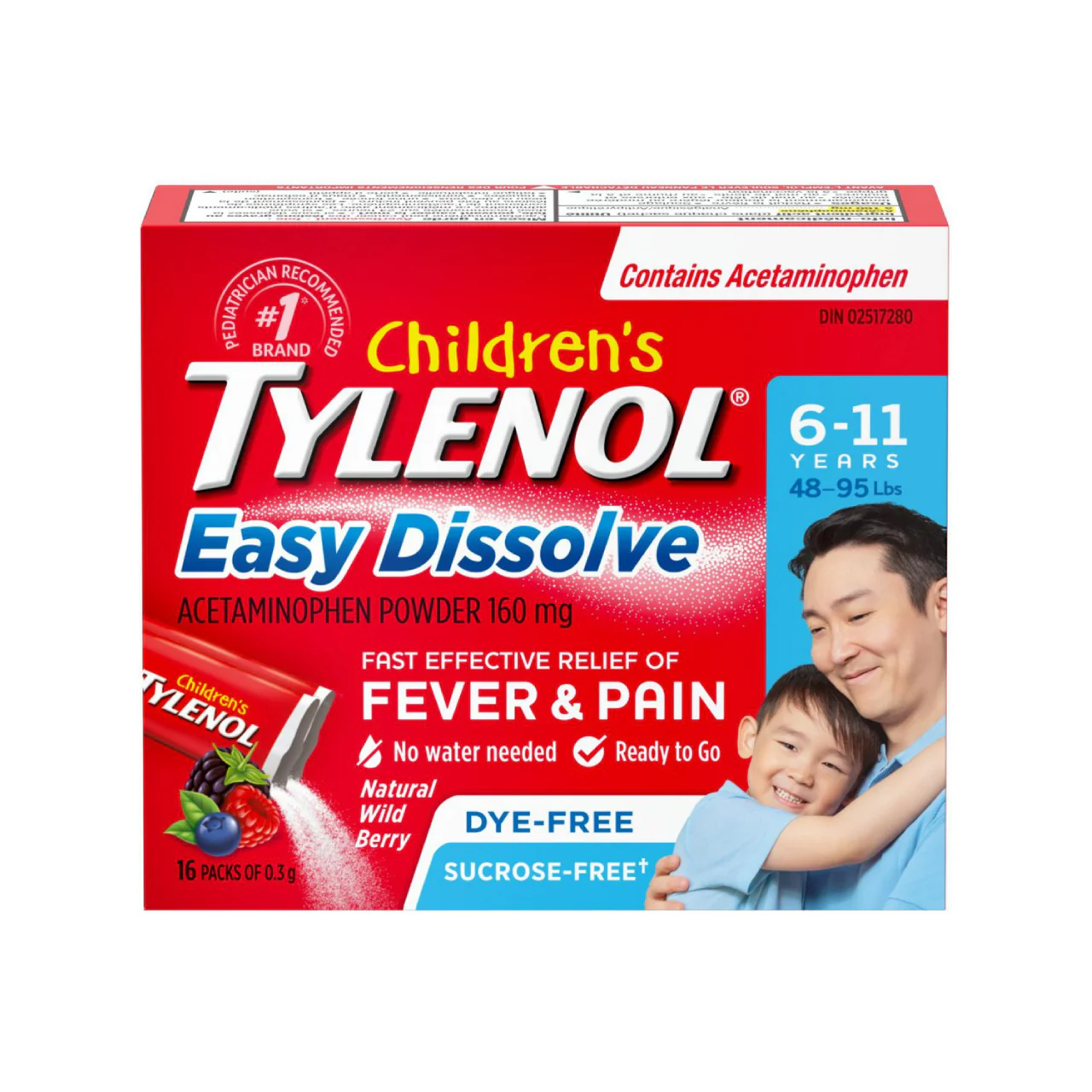 Tylenol - Children's Tylenol - Easy Dissolve Acetaminophen Powder 160 mg - Natural Wild berry Flavor - 6 to 11 Years | 16 Packs