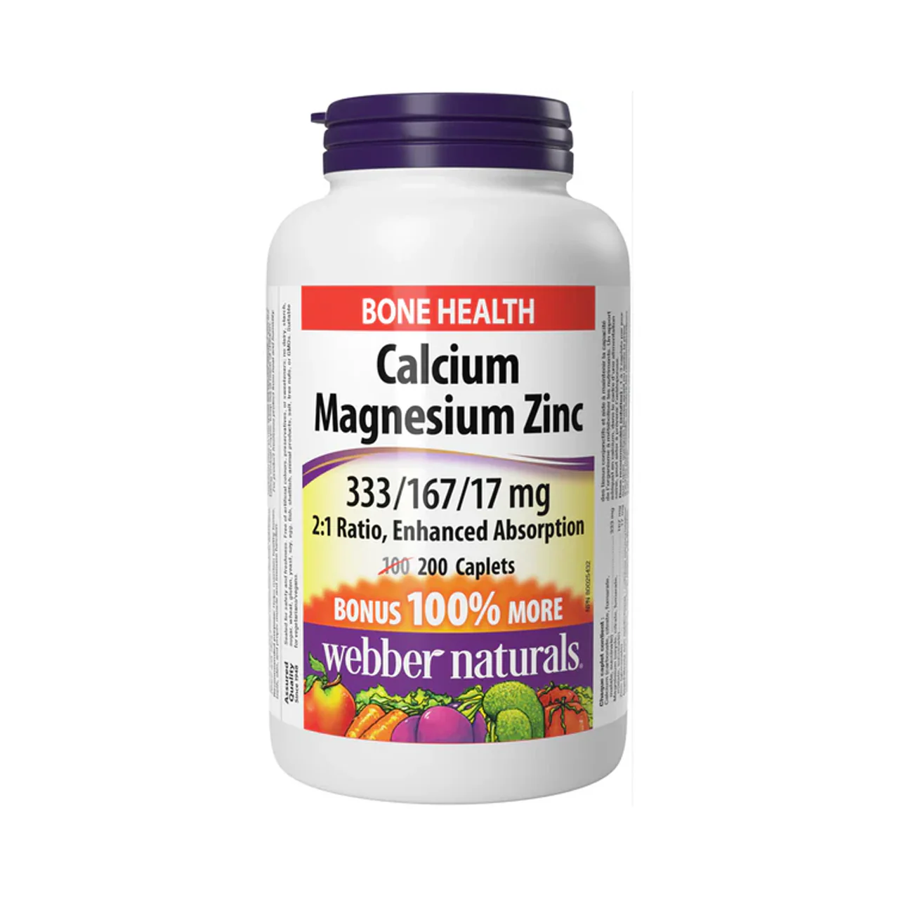Webber Naturals - Calcium Magnesium Zinc 333/167/17 mg Enhanced Absorption | BONUS 100+100 Caplets