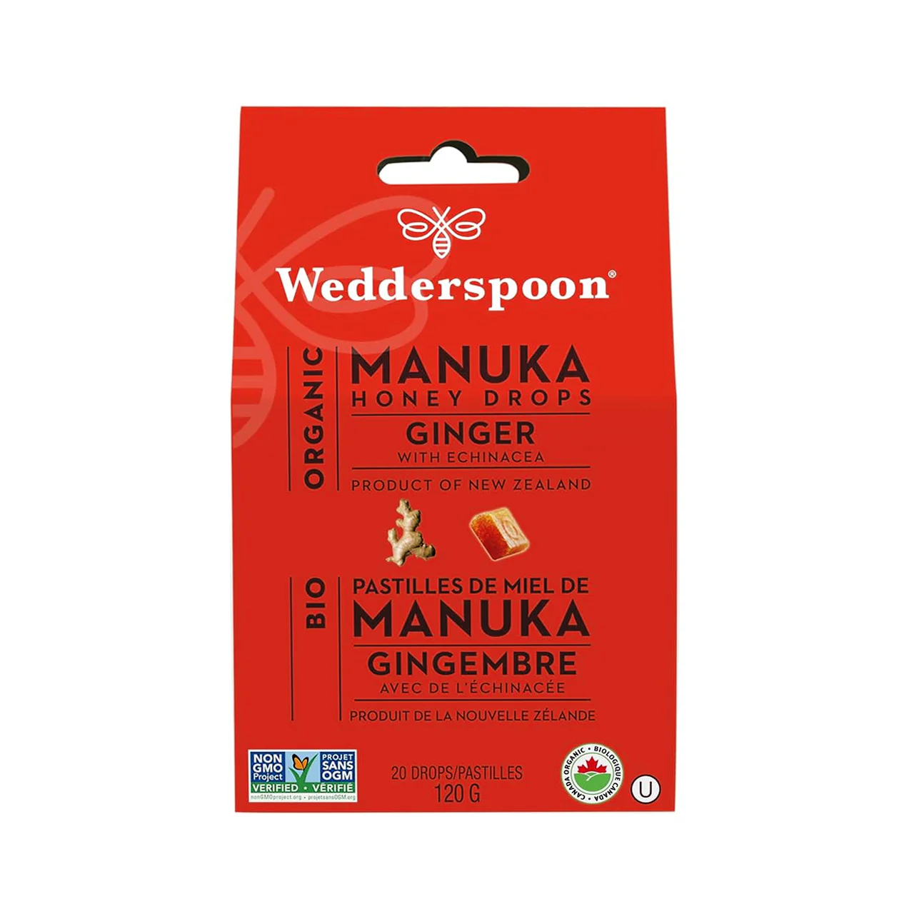 Wedderspoon - Organic Manuka Honey Drops, Ginger with Echinacea | 120 g