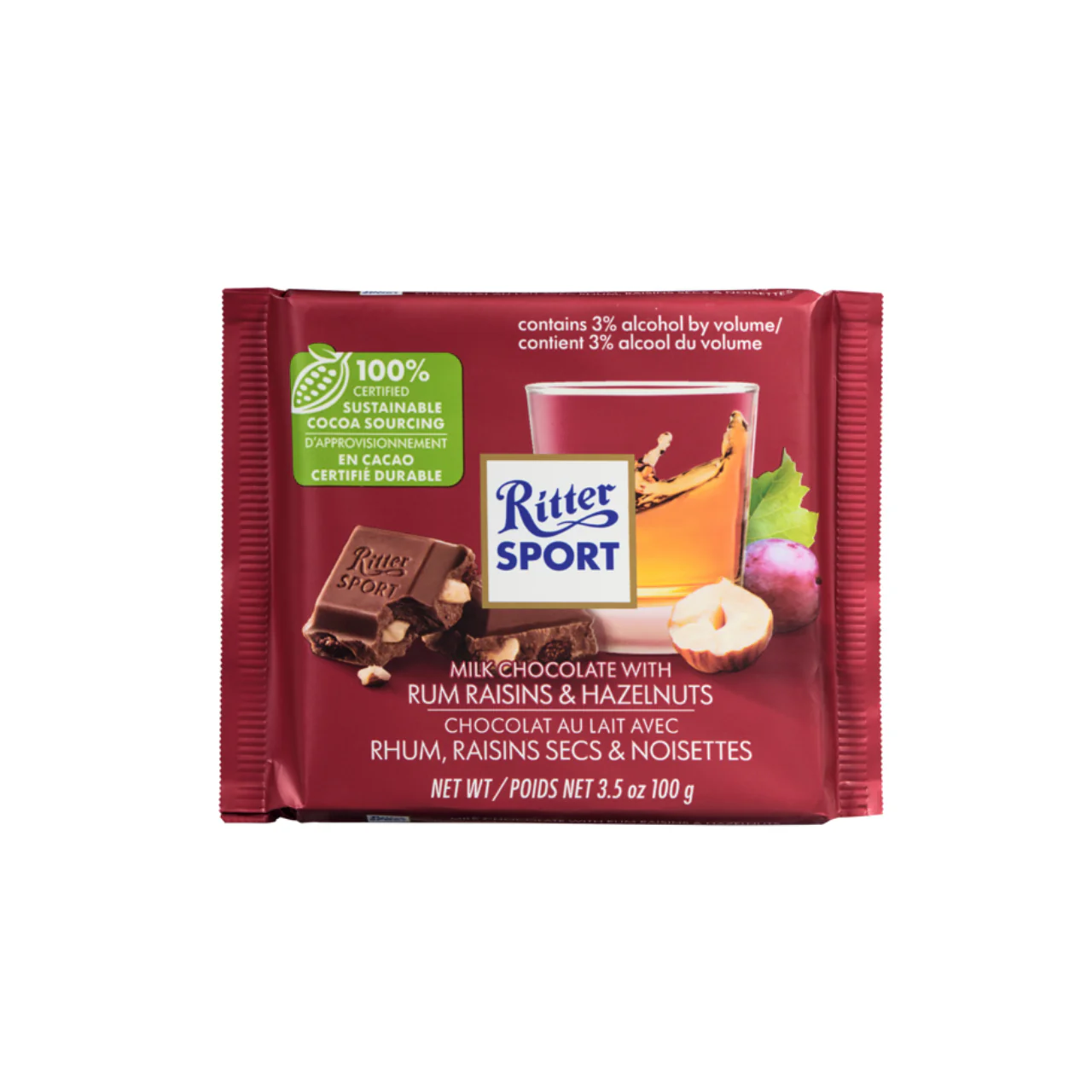Ritter Sport - Milk Chocolate Bar with Rum Raisins & Hazelnuts | 100 g